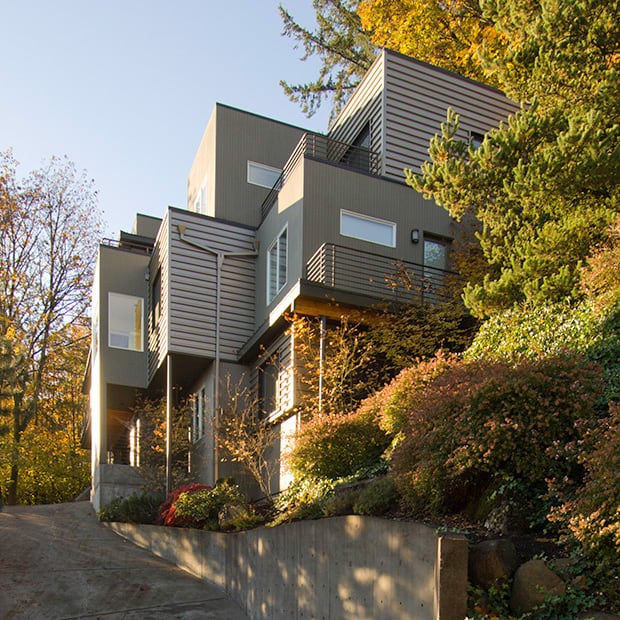 Multi level modern home exterior, hillside home